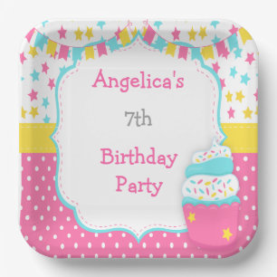Plato De Papel Fiesta de Cumpleaños con Cupcake y Purpurina