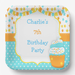 Plato De Papel Fiesta de Cumpleaños con Cupcake y Purpurina