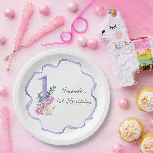 Plato De Papel Fiesta de cumpleaños con flores y cinta (Fiesta)