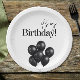 Plato De Papel Fiesta de cumpleaños con globos en negro y blanco 