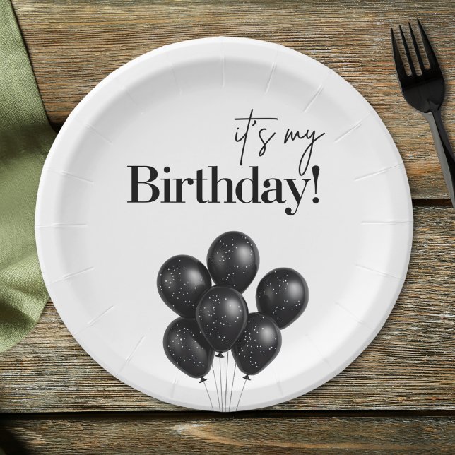 Plato De Papel Fiesta de cumpleaños con globos en negro y blanco  (Subido por el creador)