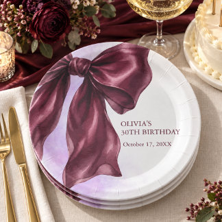 Plato De Papel Fiesta de Cumpleaños con Lazo Burgundy Elegante