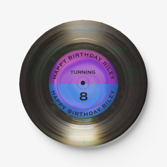 Plato De Papel Fiesta de cumpleaños con registro de vinilo retro  (Anverso)