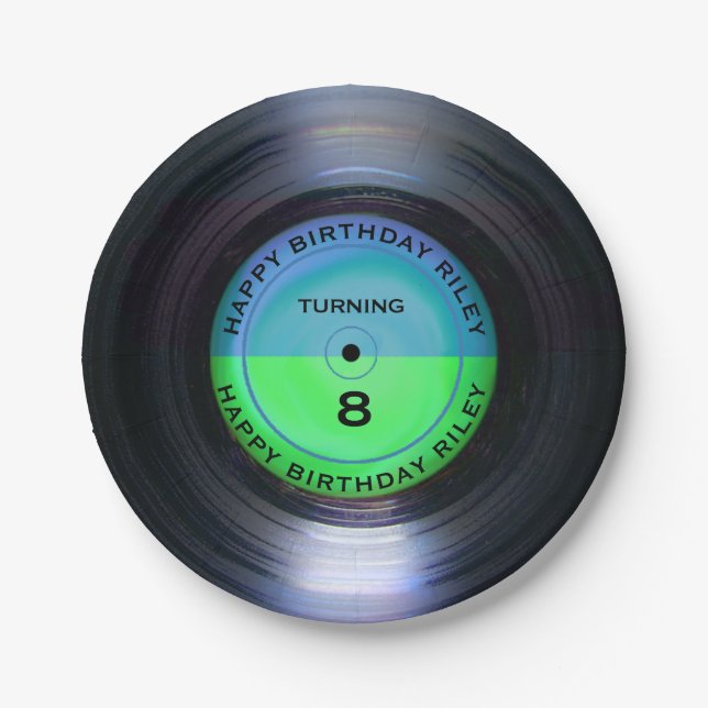 Plato De Papel Fiesta de cumpleaños con registro de vinilo retro  (Anverso)