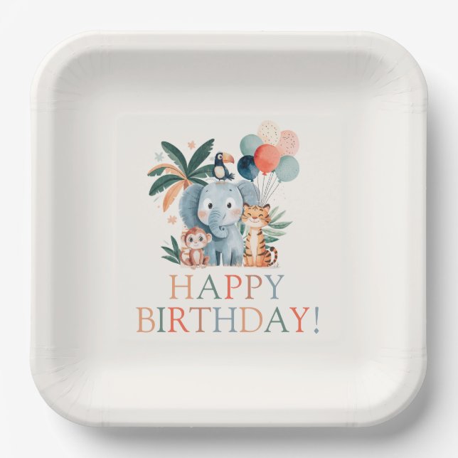 Plato De Papel Fiesta de cumpleaños con tema de selva salvaje (Anverso)