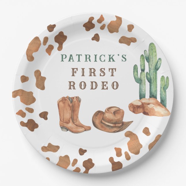 Plato De Papel Fiesta de Cumpleaños Cowboy Wild West 1er Rodeo (Anverso)