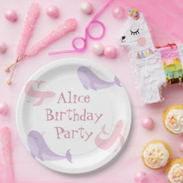 Plato De Papel Fiesta de cumpleaños de ballena rosa Lilac Pastel 