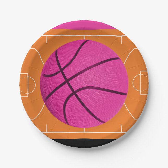 Plato De Papel Fiesta de Cumpleaños de Baloncesto Negro Rosa y Na (Anverso)