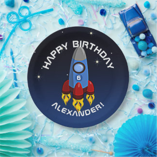 Plato De Papel Fiesta de cumpleaños de Blast Off Rocket Ship