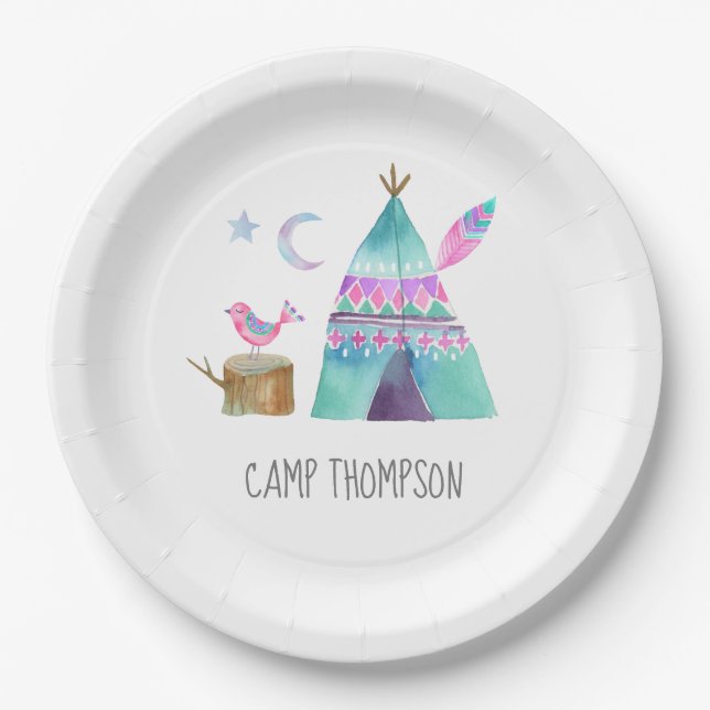 Plato De Papel Fiesta de cumpleaños de camping con acuarela (Anverso)