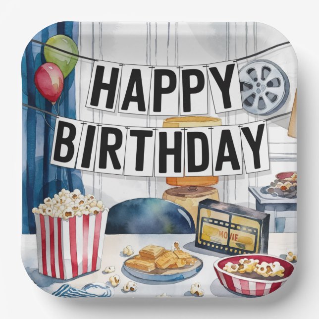 Plato De Papel Fiesta de cumpleaños de Cine Night Popcorn (Anverso)