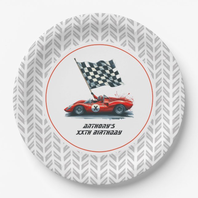 Plato De Papel Fiesta de cumpleaños de coche de carreras personal (Anverso)