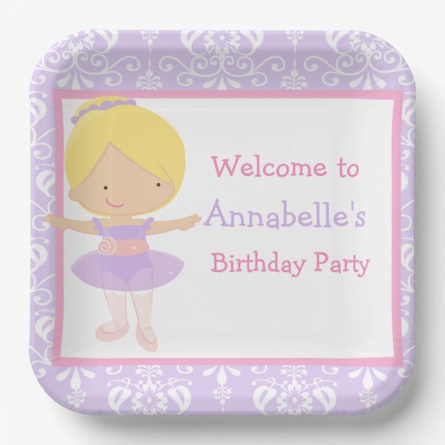 Plato De Papel Fiesta de cumpleaños de Cute Blonde Ballerina (Anverso)