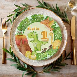 Plato De Papel Fiesta de cumpleaños de Cute Dinosaur personalizad