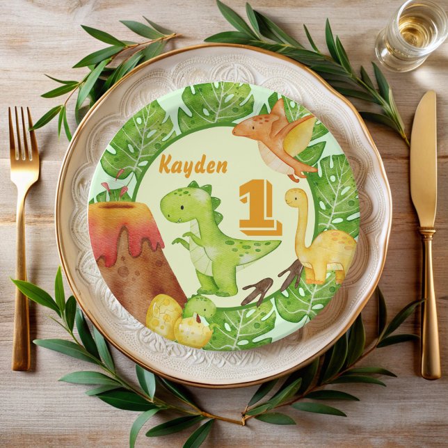 Plato De Papel Fiesta de cumpleaños de Cute Dinosaur personalizad (Dinosaur birthday party personalized paper plates dinosaurs birthday party supplies)