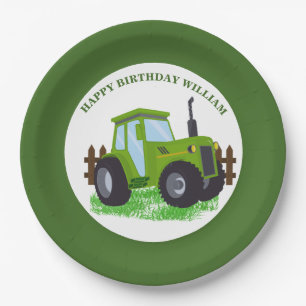 Plato De Papel Fiesta de cumpleaños de Cute Green Tractor