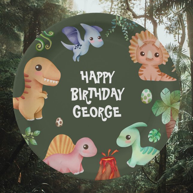 Plato De Papel Fiesta de cumpleaños de Cute Kids Green Dino (Subido por el creador)
