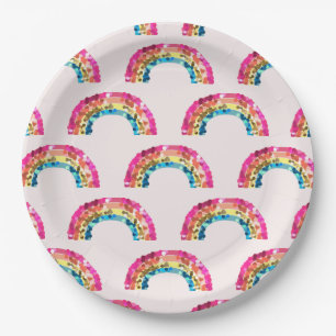 Plato De Papel Fiesta de cumpleaños de Cute Sparkly Sequin Rainbo