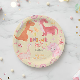 Plato De Papel Fiesta de cumpleaños de dino rosa Dino-mite