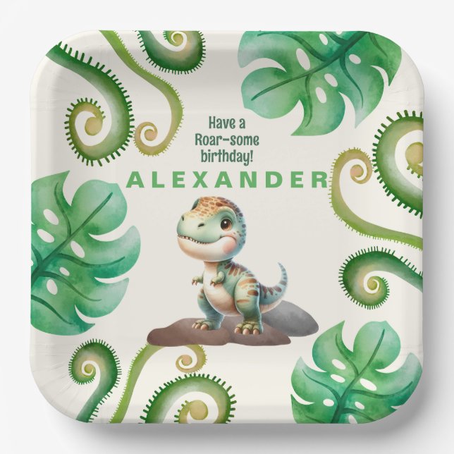 Plato De Papel Fiesta de cumpleaños de Dinosaur (Anverso)