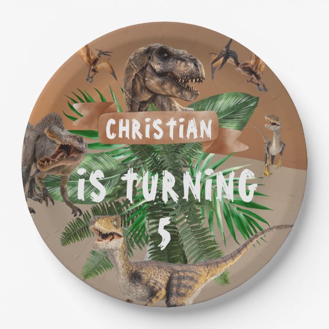 Plato De Papel Fiesta de cumpleaños de Dinosaur (Anverso)