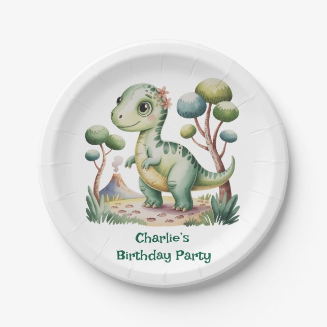 Plato De Papel Fiesta de cumpleaños de Dinosaur Adventure Boy (Anverso)