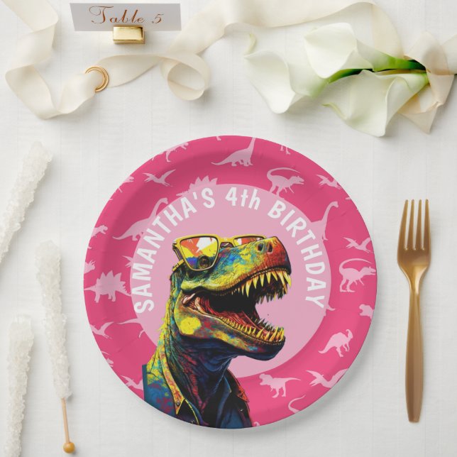 Plato De Papel Fiesta de cumpleaños de Dinosaur chica (Boda)