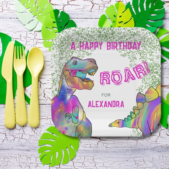 Plato De Papel Fiesta de cumpleaños de Dinosaur T-Rex Rosa (Colorful dinosaur girls birthday party custom paper plates )