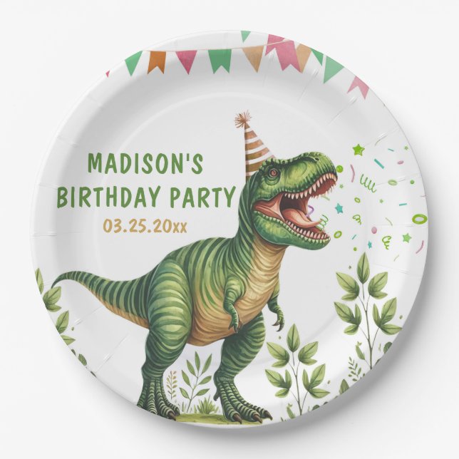 Plato De Papel Fiesta de cumpleaños de dinosaurios (Anverso)