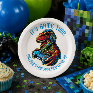 Plato De Papel Fiesta de cumpleaños de dinosaurios de videojuegos
