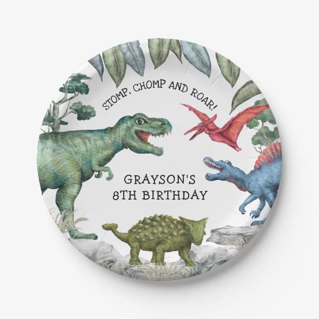 Plato De Papel Fiesta de cumpleaños de dinosaurios para niños (Anverso)