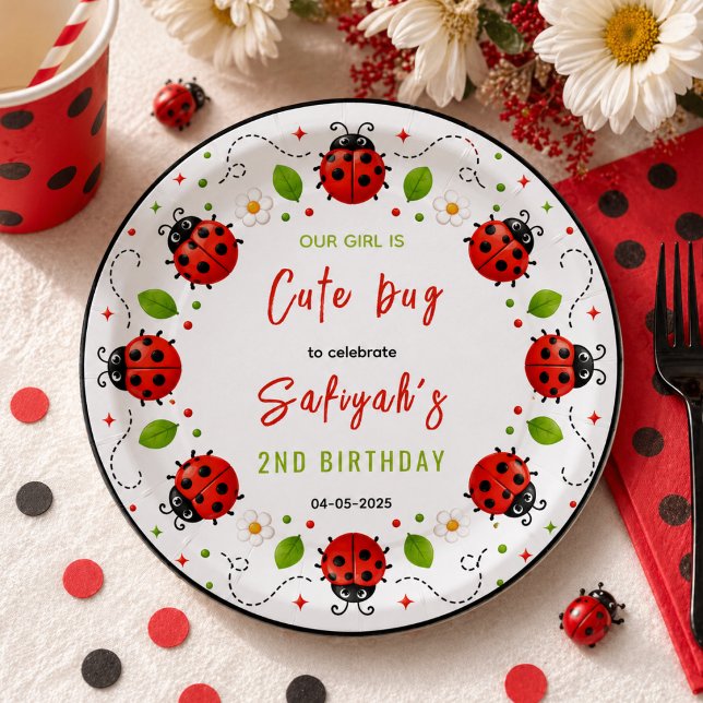 Plato De Papel Fiesta de Cumpleaños de Dos Años con Dos Mariquita (Two Cute Ladybug 2nd Birthday Party for Kids Paper Plates
)