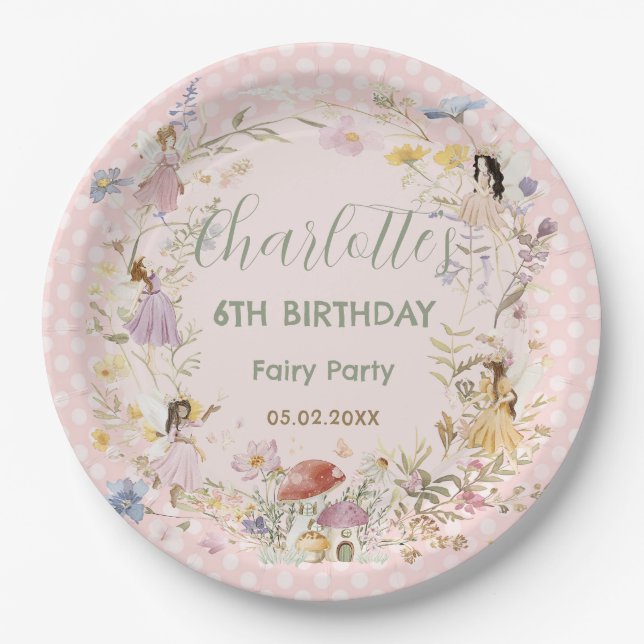 Plato De Papel Fiesta de cumpleaños de Fairies Wildflower Meadow (Anverso)