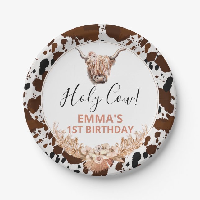 Plato De Papel Fiesta de cumpleaños de Floral Boho Highland Cow (Anverso)
