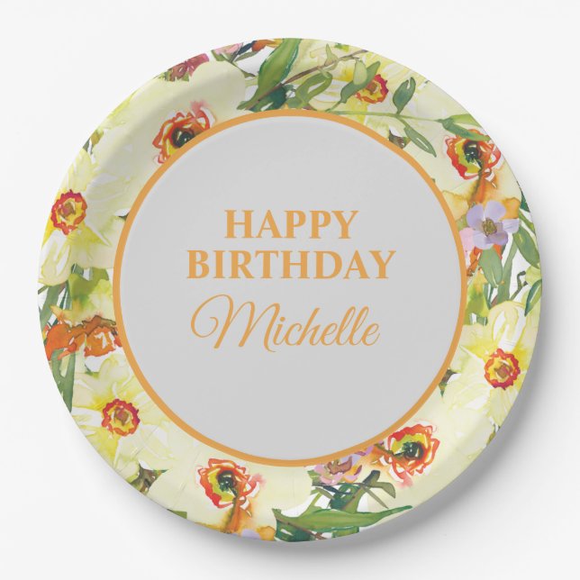 Plato De Papel Fiesta de Cumpleaños de Flores Naranja Amarillo (Anverso)