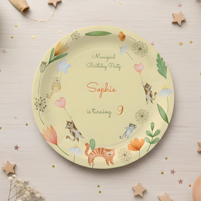 Plato De Papel fiesta de cumpleaños de flores y gatos meowgicos (Subido por el creador)