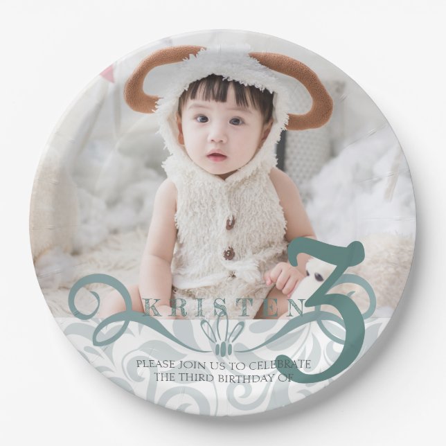 Plato De Papel Fiesta de cumpleaños de fotos turquesa clásica (Anverso)