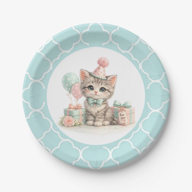 Plato De Papel Fiesta de Cumpleaños de Gatito Pastel Adorable  (Anverso)