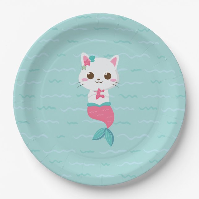Plato De Papel Fiesta de Cumpleaños de Gatito Sirena (Anverso)