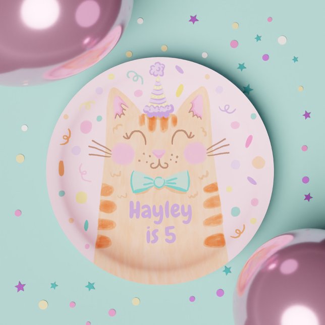 Plato De Papel Fiesta de cumpleaños de gatos gatos gatitos de col (Girly Pink Colorful Cute Kitty Cat Birthday Party Paper Plates)