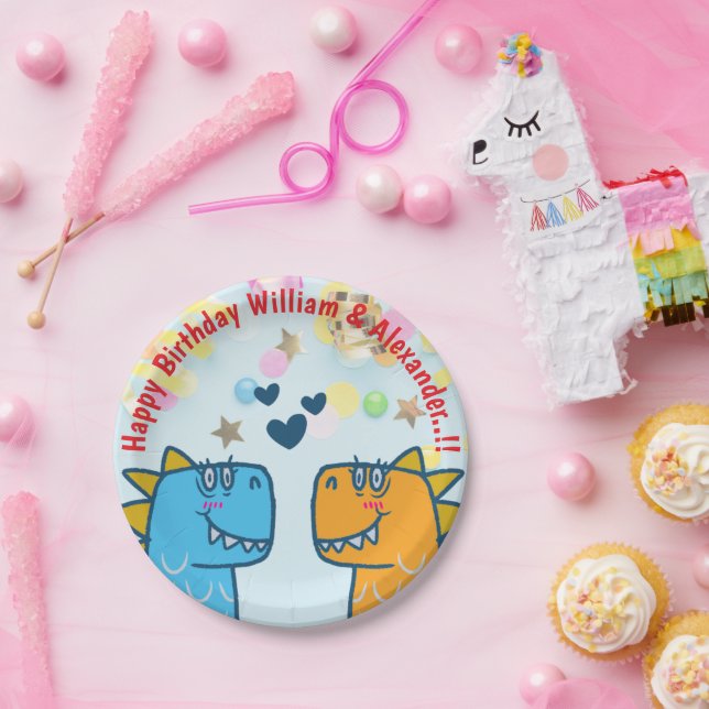 Plato De Papel Fiesta de cumpleaños de gemelos Dino Roar (Fiesta)