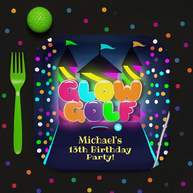 Plato De Papel Fiesta de cumpleaños de golf en miniatura brillant (Glow Miniature Golf Birthday Party Paper Plates
)