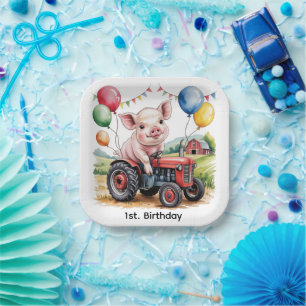 Plato De Papel Fiesta de cumpleaños de granja adorable con cerdo 