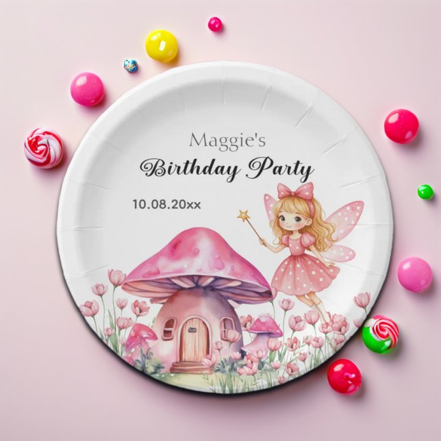 Plato De Papel Fiesta de cumpleaños de hadas y hongos rosados son (Subido por el creador)