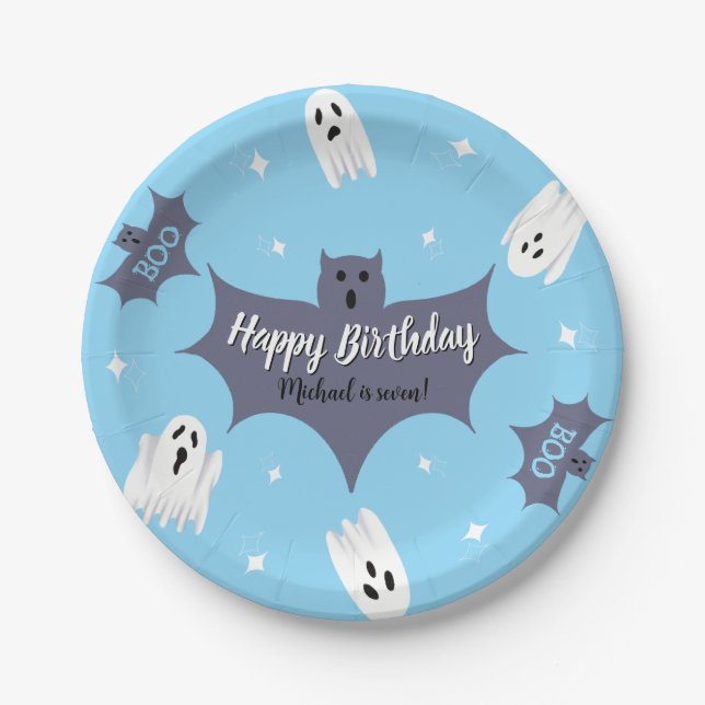 Plato De Papel Fiesta de cumpleaños de Halloween azul lindo (Anverso)