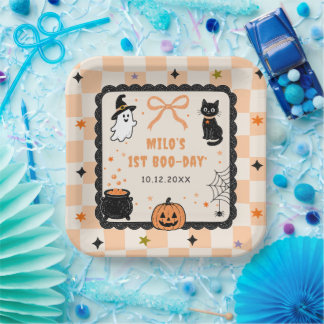 Plato De Papel Fiesta de cumpleaños de Halloween de gingham naran