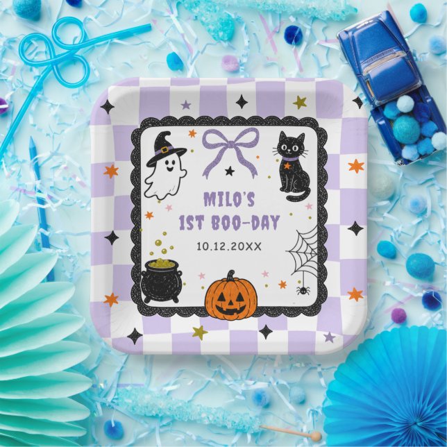 Plato De Papel Fiesta de cumpleaños de Halloween de gingham púrpu (Fiesta)