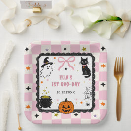 Plato De Papel Fiesta de cumpleaños de Halloween de gingham rosa