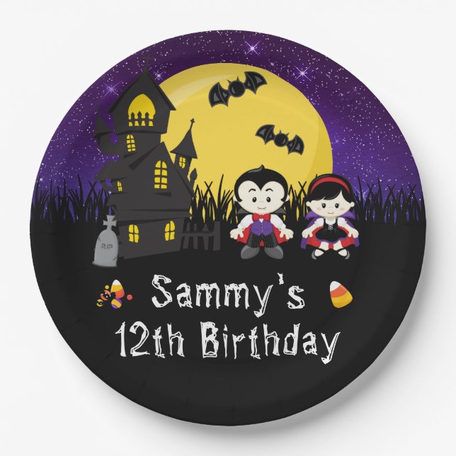 Plato De Papel Fiesta de cumpleaños de Halloween Vampis Purple (Anverso)