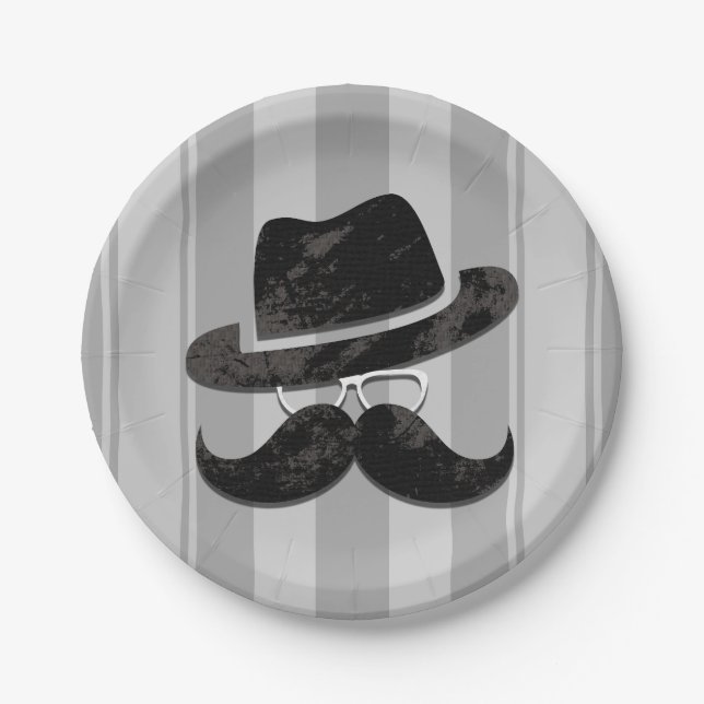 Plato De Papel Fiesta de Cumpleaños de Hipster Sr. Bigote Sombrer (Anverso)